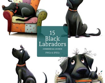 Black Labrador Clipart, 15 High Quality PNGs/JPGs, Watercolour Caricature Dog Breed Clipart, Paper/Digital Craft, COMMERCIAL USE | BR0529