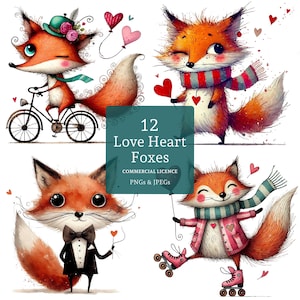 Clipart renard coeur d'amour, 12 fichiers PNG/JPG de haute qualité, renard de la Saint-Valentin, artisanat animal mignon pour l'amour et l'amitié, UTILISATION COMMERCIALE | AR1217-2