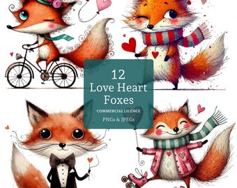 Clipart de zorro con corazón de amor, 12 PNG/JPG de alta calidad, zorro de San Valentín, adorable manualidad animal para el amor y la amistad, USO COMERCIAL / AR1217-2