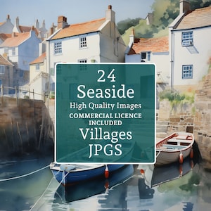 Clipart villages balnéaires, 24 images JPG, cottages dans le port, bateaux de pêche, scènes côtières estivales pour cartes/calendriers créatifs UTILISATION COMMERCIALE | AR0509-2
