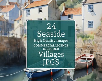 Seaside Villages Clipart, 24 JPGs, Harbour Cottages, Fishing Boats, Summer Coastal Scenes for Card/Calendar Craft COMMERCIAL USE | AR0509-2