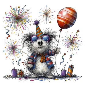 Pu&ograve; includere: Un'illustrazione stravagante di un cane che festeggia con un cappello da festa, occhiali da sole e un palloncino. Il cane indossa una giacca blu e rossa ed &egrave; circondato da fuochi d'artificio, coriandoli e regali. Un design festoso e allegro.