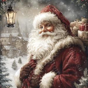 May include: A digital painting depicting Father Christmas in a snowy winter scene. He wears a red coat with white fur trim and a matching hat. He has a long white beard and carries a sack of gifts. A lantern hangs in the background.