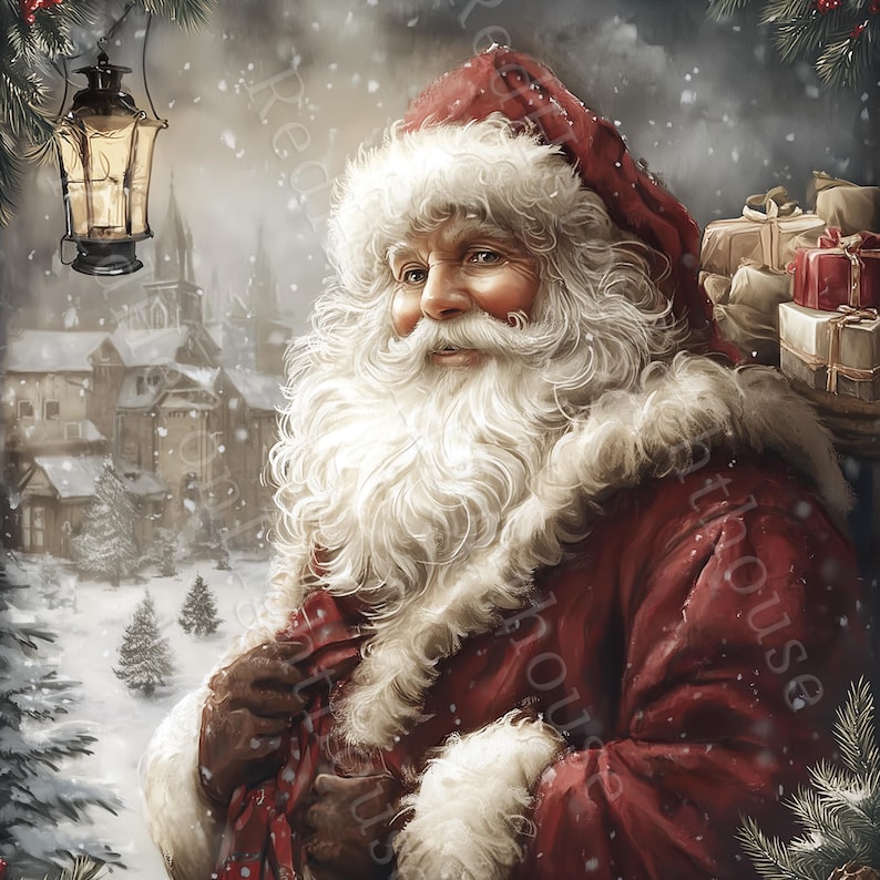 May include: A digital painting depicting Father Christmas in a snowy winter scene. He wears a red coat with white fur trim and a matching hat. He has a long white beard and carries a sack of gifts. A lantern hangs in the background.