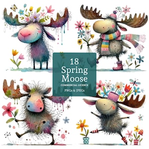 Spring Moose Clipart, 18 PNGs/JPGs de alta qualidade, Imagens peculiares de alces e flores, Arte engraçada de animais da floresta, Papel/Digital USO COMERCIAL | AR122