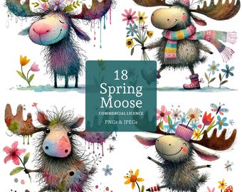 Spring Moose Clipart, 18 High Quality PNGs/JPGs, Quirky Moose & Flower Images, Funny Forest Animal Art, Paper/Digital COMMERCIAL USE | AR122