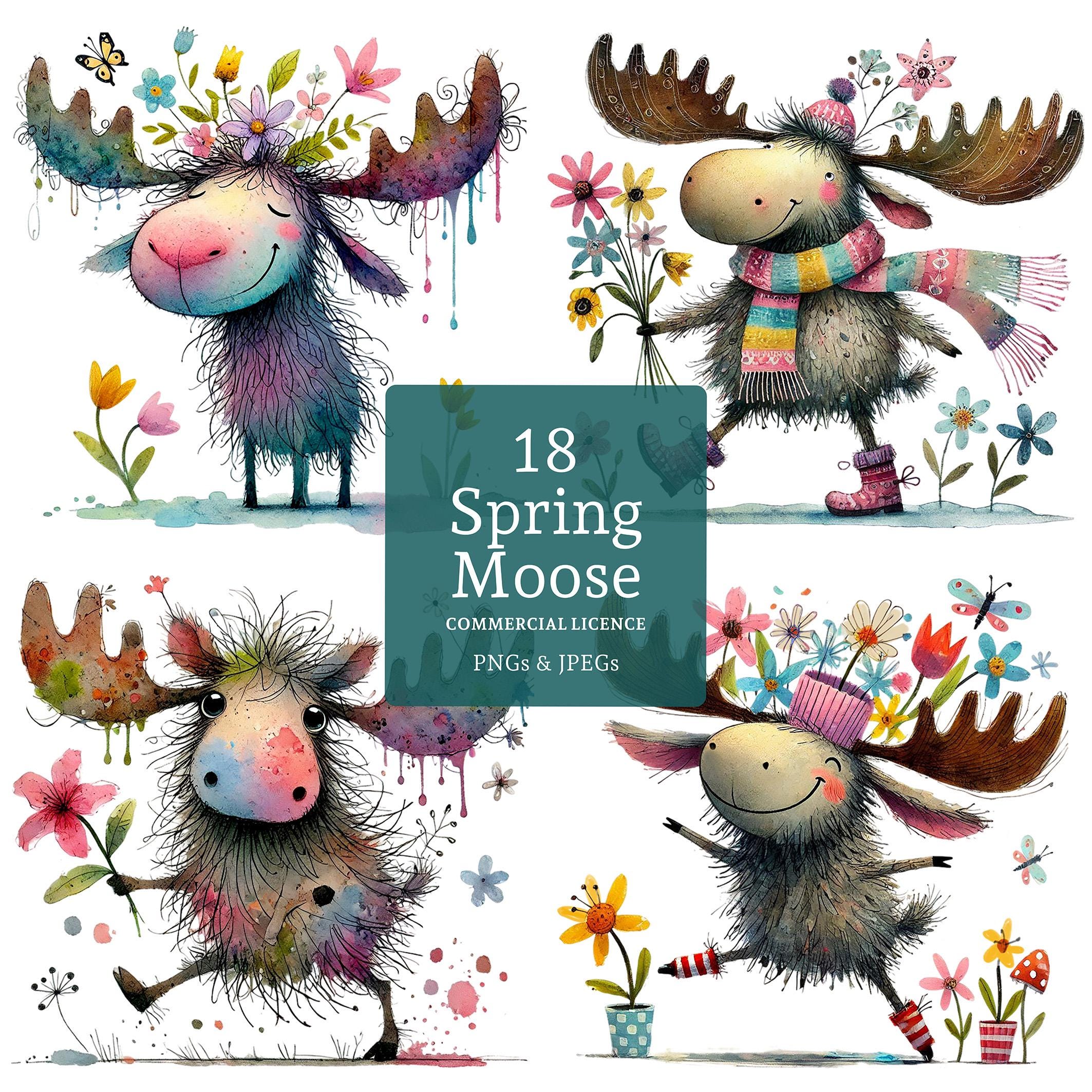 Spring Moose Clipart, 18 High Quality Pngs/jpgs, Quirky Moose & Flower ...