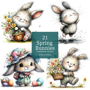 May include: A set of 21 digital illustrations of cute bunnies in various poses, with spring-themed elements like flowers, baskets, and eggs. The illustrations are in a watercolor style and are perfect for creating greeting cards, invitations, or other crafts.