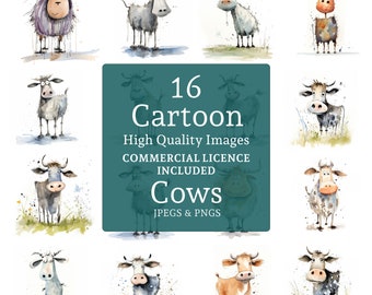 May include: A set of 16 cartoon cow illustrations in watercolor style. The cows are depicted in various poses and expressions, with some wearing spots and others with a more simple design. The illustrations are perfect for use in digital or printed projects.