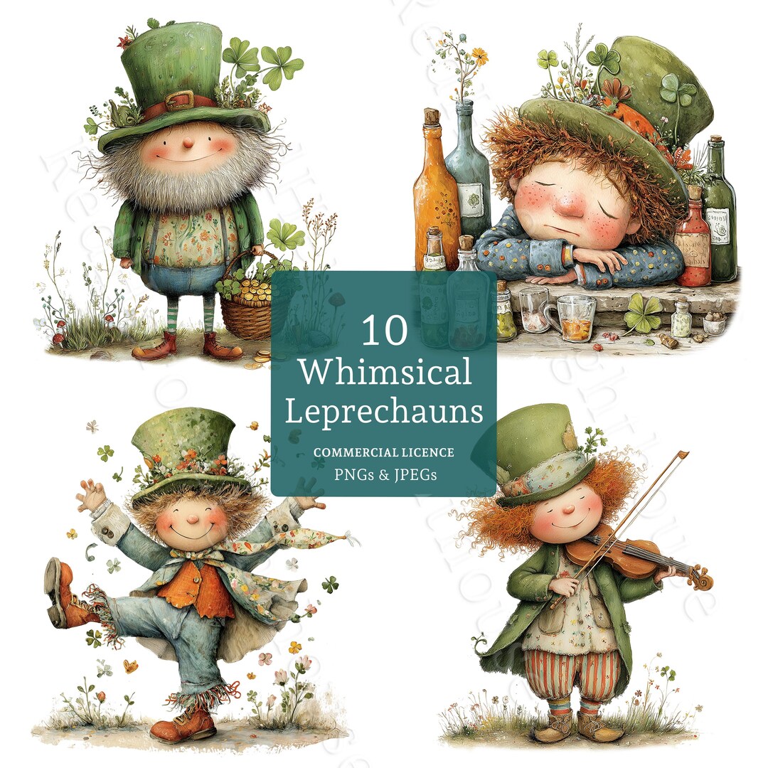 Whimsy Patrick Whimsical St Patrick's Day Leprechaun Clip Art, Watercolour, 10 Pngs ...