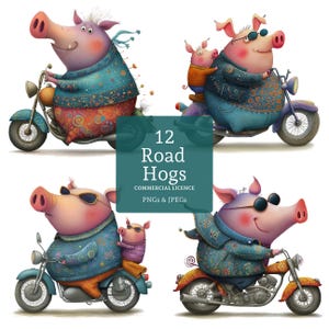 Biker Pig Clipart, 12 High Quality Watercolour Quirky Motorcycle PNGs/JPGs Card Making, Journal, Paper/Digital Craft Commercial Use | BR0722