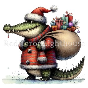 May include: A green alligator wearing a red and white striped Santa suit, a Santa hat, and a scarf. The alligator is carrying a large brown sack on its back and a stack of wrapped presents.