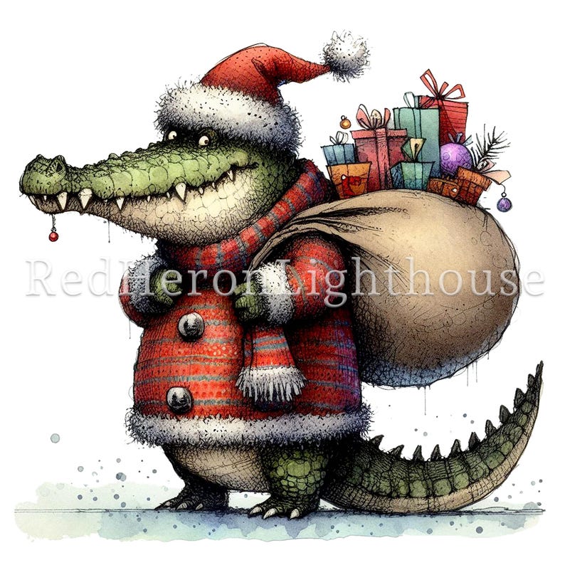 May include: A green alligator wearing a red and white striped Santa suit, a Santa hat, and a scarf. The alligator is carrying a large brown sack on its back and a stack of wrapped presents.