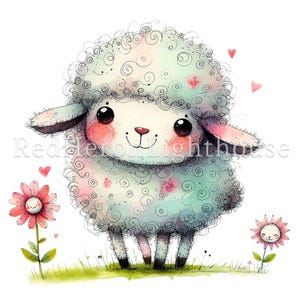 May include: A cute cartoon lamb with a fluffy white coat and pink cheeks. The lamb is standing in a field of green grass with pink flowers.