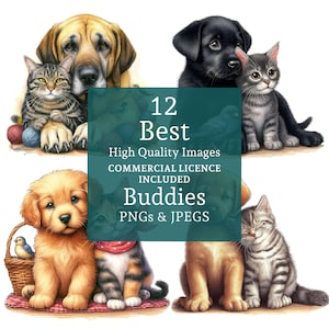 Schattige kat- en hondclipart, 12 png-/jpg-bestanden, schattige dierenvriend, huisdiervrienden, katten- en hondenliefhebber ambacht/dagboek, COMMERCIEEL GEBRUIK | AR0620
