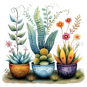 May include: Three potted plants with colorful flowers and leaves. The pots are decorated with intricate patterns and designs. The plants are arranged in a row on a white background.