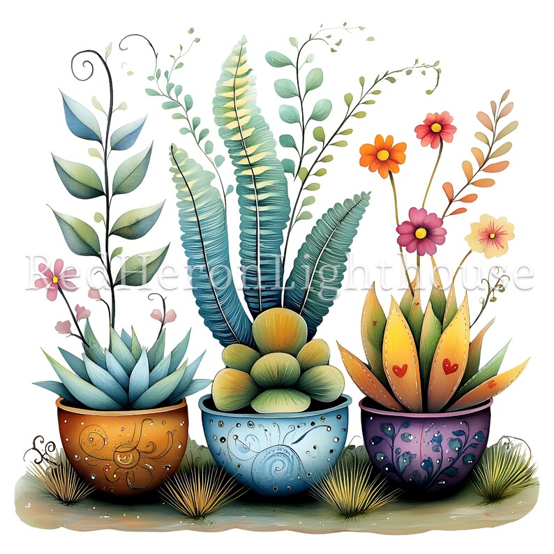 May include: Three potted plants with colorful flowers and leaves. The pots are decorated with intricate patterns and designs. The plants are arranged in a row on a white background.