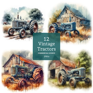 Oude tractor clipart, 12 hoge kwaliteit jpg's, aquarel retro landbouwkunst, kaarten maken, junk Journal, Paper Craft, COMMERCIEEL GEBRUIK | BR0226-1