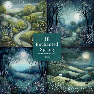 Clipart printemps enchanté, 18 fichiers JPG de haute qualité, images fantaisistes de prairies et de forêts, paysages au clair de lune, journalisation UTILISATION COMMERCIALE | AR1204-1