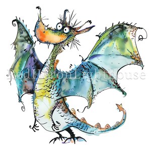 May include: A whimsical watercolor painting of a green and blue dragon with large wings, a long tail, and a surprised expression.