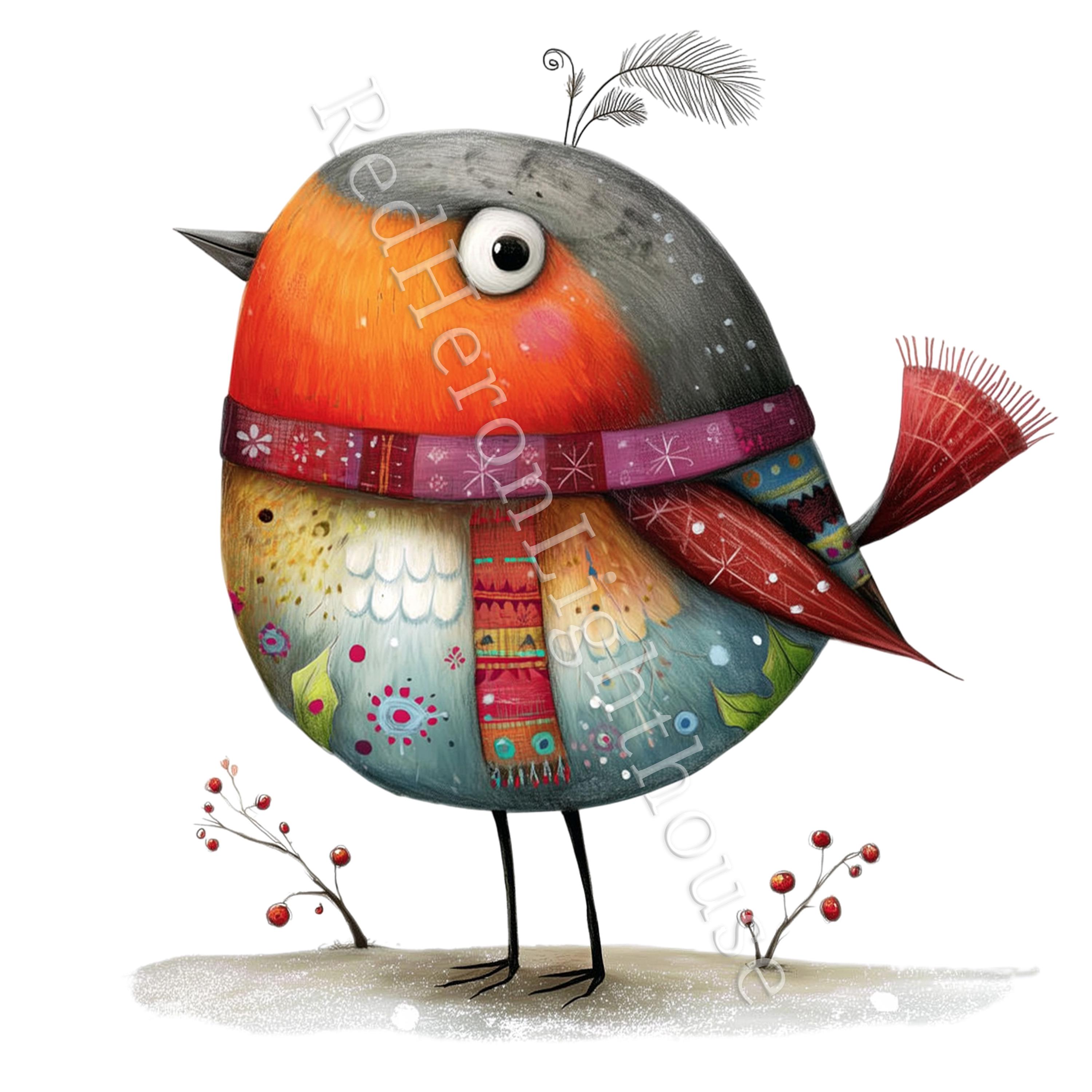 Whimsy Robin Quirky Christmas Robin Clipart, 10 High Quality Watercolour Whimsical ...