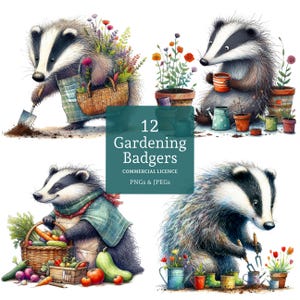 Clipart de tejón jardinero, 12 PNG/JPG de alta calidad, imágenes de animales caprichosos en acuarela, creación de tarjetas, diario, USO COMERCIAL / BR0311-1