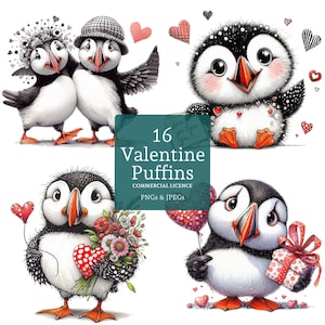 Frailecillos de San Valentín, 16 PNG/JPG de alta calidad, frailecillos con forma de corazón, imágenes prediseñadas de pájaros, lindas manualidades románticas de papel, USO COMERCIAL / AR1114-2