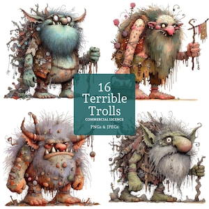 May include: Four cartoon trolls with different expressions and clothing. The trolls are green, blue, and gray with brown, green, and blue accents. The trolls are wearing various items, including a hat, a backpack, and a staff. The text "16 Terrible Trolls" is in the center of the image.