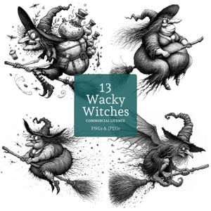 Wacky Witch Clipart, 13 PNGs/JPGS, Funny Witches On Broomsticks, Halloween Designs, Pen & Ink Art COMMERCIAL USE Digital Download | AR0612-2