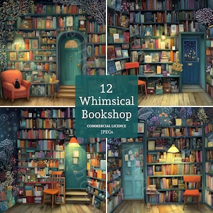 Book Store Clipart, 12 High Quality Watercolour Whimsical Book Lover JPGs, Card Making Junk Journal Paper Craft Digital Download | BR0818