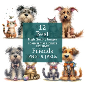 Adorable Cat & Dog Clipart, 12 PNGs/JPGS, Best Friends Clipart, Cute Animal Images, Pet Lover Crafting Journaling, COMMERCIAL USE | AR0618-3