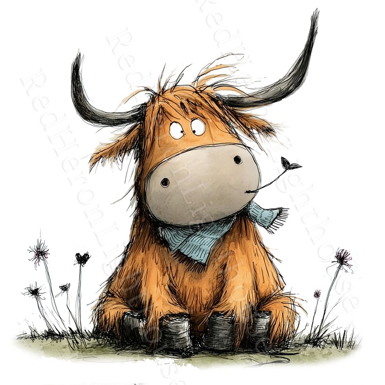May include: A whimsical illustration of a Highland cow with a light brown coat, large horns, and a light blue scarf. The cow is sitting in grass with a few small flowers. The artwork has a cartoonish style.