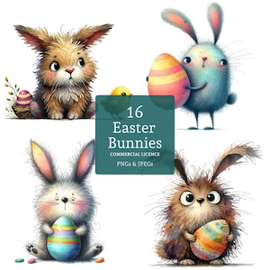 Osterhase Clipart, 16 hochwertige PNGs / JPGs, niedliche Kaninchen mit Ostereiern, wunderliche Frühling Tier Clipart, KOMMERZIELLE NUTZUNG | BR0110