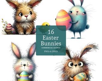 Easter Bunny Clipart, 16 High Quality PNGs/JPGs, Cute Rabbits With Easter Eggs, Whimsical Spring Animal Clipart,  COMMERCIAL USE | BR0110