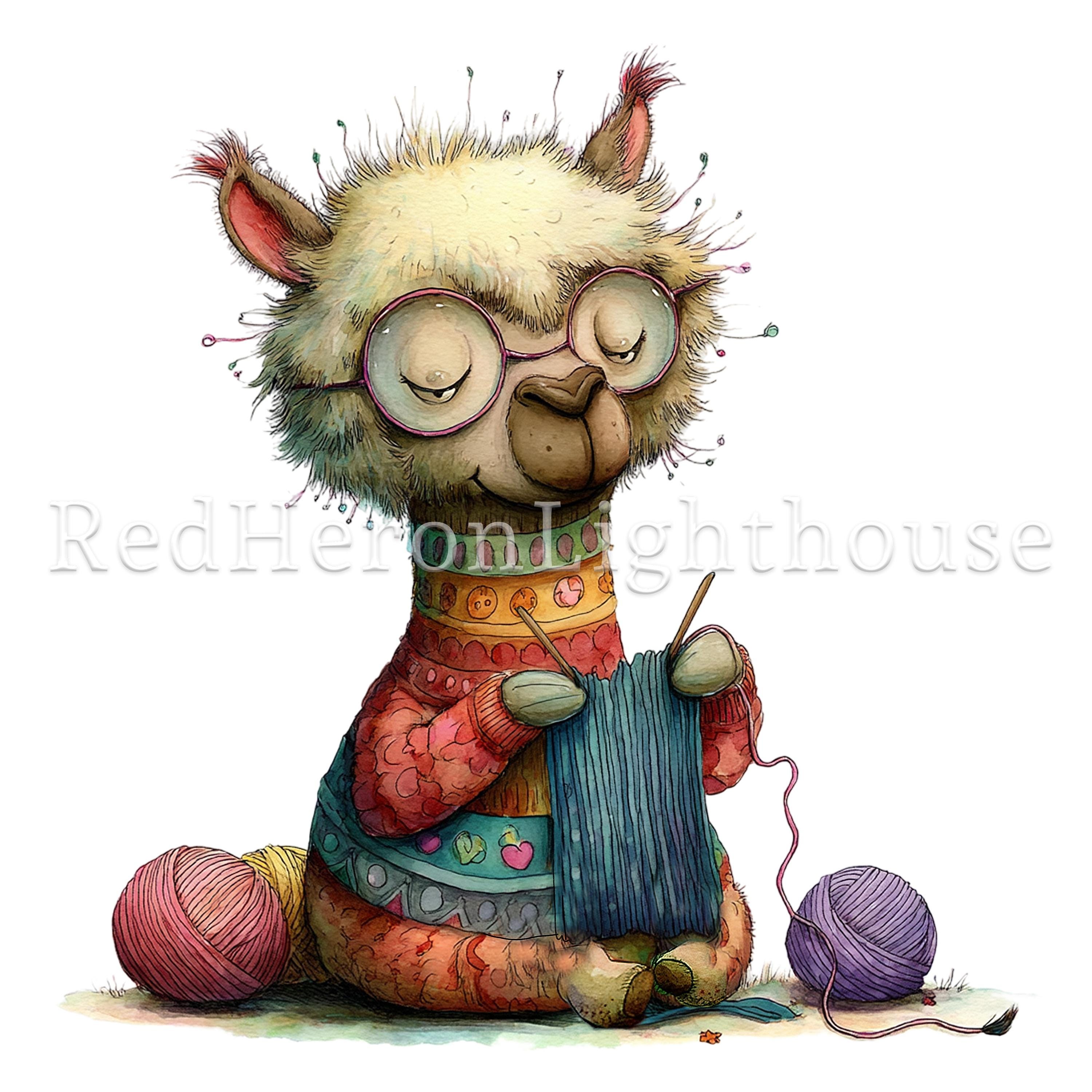 編み物アルパカのクリップアート、14種類の高品質PNG/JPG、水彩風の