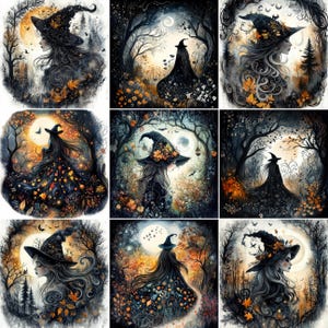 May include: A collection of nine digital art prints featuring a witch in a forest setting. Each print showcases a witch with long hair and a pointed hat adorned with autumn leaves. The color palette includes shades of black, orange, and gold, with a full moon in the background.
