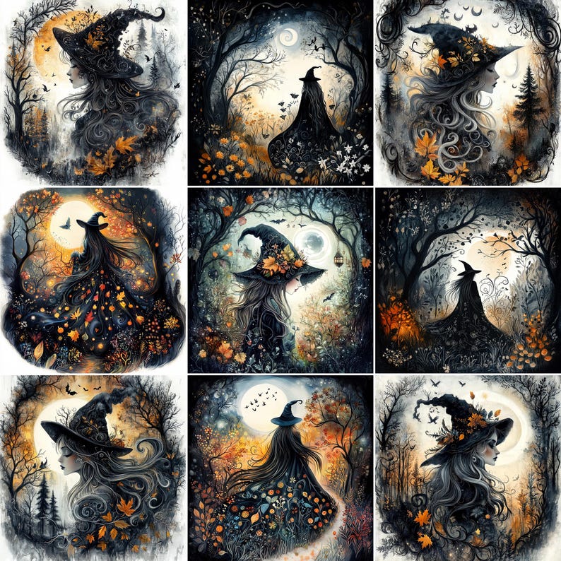 May include: A collection of nine digital art prints featuring a witch in a forest setting. Each print showcases a witch with long hair and a pointed hat adorned with autumn leaves. The color palette includes shades of black, orange, and gold, with a full moon in the background.