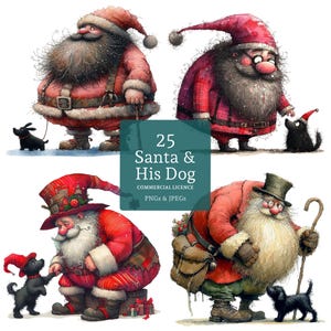Santa & His Dog Clipart, High Quality Designs, 25 PNGs/JPGs, Whimsical Christmas Clipart, Festive Pet Dog Art, COMMERCIAL USE | AR1021-1