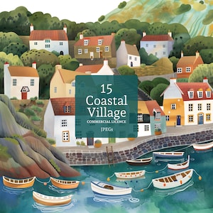 Clipart villages côtiers, 15 fichiers JPG de haute qualité, chalets et ports insolites en bord de mer, fabrication de cartes, journal indésirable, UTILISATION COMMERCIALE | AR0509-1