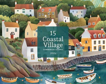 Coastal Villages Clipart, 15 High Quality JPGs, Quirky Seaside Cottages & Harbours, Card Making, Junk Journaling, COMMERCIAL USE | AR0509-1