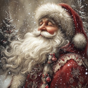 May include: A digital illustration of Father Christmas, featuring a long white beard and a red hat trimmed with white fur. He wears a red coat with snowflake details, set against a snowy background with evergreen trees. The image evokes a festive Christmas theme.