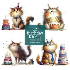 Clipart verjaardag kat, 12 hoogwaardige aquarel png's/jpg's, clipart grappig dier feest, kaarten/papier/digitale ambacht, COMMERCIEEL GEBRUIK | BR0407