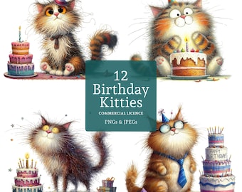 Clipart de gato de cumpleaños, 12 PNG/JPG de acuarela de alta calidad, clipart divertido de fiesta de animales, tarjetas/papel/manualidades digitales, USO COMERCIAL / BR0407