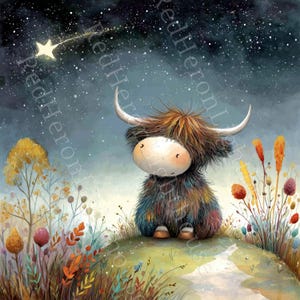 May include: Watercolor illustration of a Highland cow with large horns, sitting on a grassy hill under a starry night sky. The cow has fluffy, colorful fur and a sweet expression. Wildflowers and a shooting star add to the whimsical scene.