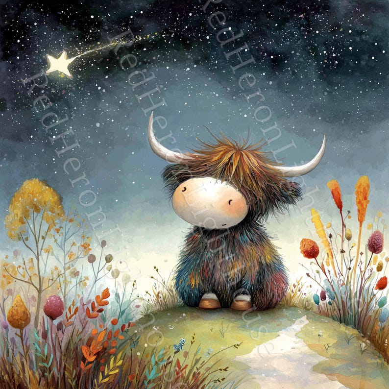 May include: Watercolor illustration of a Highland cow with large horns, sitting on a grassy hill under a starry night sky. The cow has fluffy, colorful fur and a sweet expression. Wildflowers and a shooting star add to the whimsical scene.