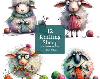 Knitting Sheep Clipart, 12 High Quality PNGs/JPGs, Quirky Farm Animal Clipart, Card Making, Journaling, Whimsical  COMMERCIAL USE | BR0127-2