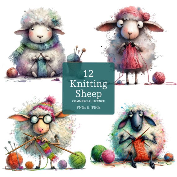 Knitting Sheep Clipart, 12 High Quality PNGs/JPGs, Quirky Farm Animal Clipart, Card Making, Journaling, Whimsical  COMMERCIAL USE | BR0127-2