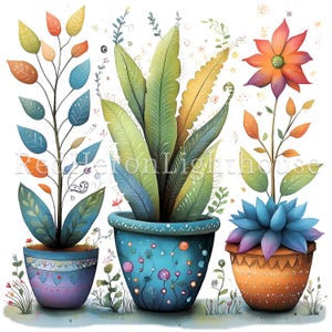 May include: Three potted plants with colorful, whimsical designs. The plants are in different styles, including a leafy fern, a flower with orange petals, and a blue succulent. The pots are decorated with dots, stripes, and geometric patterns.