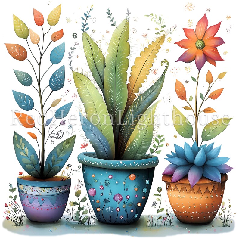 May include: Three potted plants with colorful, whimsical designs. The plants are in different styles, including a leafy fern, a flower with orange petals, and a blue succulent. The pots are decorated with dots, stripes, and geometric patterns.