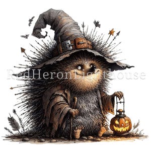 May include: A cartoon illustration of a hedgehog wearing a witch's hat and holding a jack-o'-lantern. The hedgehog is smiling and has a friendly expression. The background is white with some small details like bats and arrows.